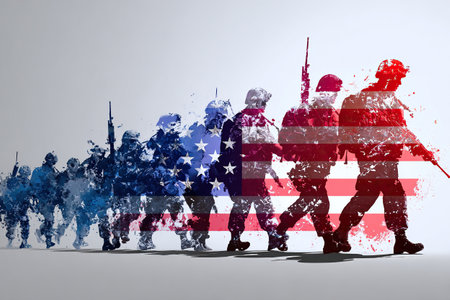 Silhouettes of American soldiers on a white background with a US flag. Double exposure, overlay.の素材
