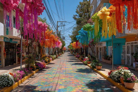 A sunny street in Latin America, decorated with bright flower garlands and buildings. Mexican paradeの素材