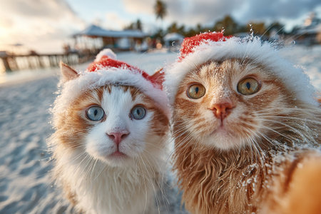 Cats in festive Christmas outfits take selfies at the resort. Happy New Year and Merry Christmas.の素材