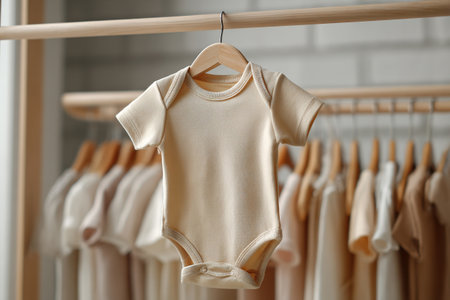 A beige baby bodysuit hangs on a hanger in a children's clothing store. Close-up. Space for text or a logo on the garment.の素材