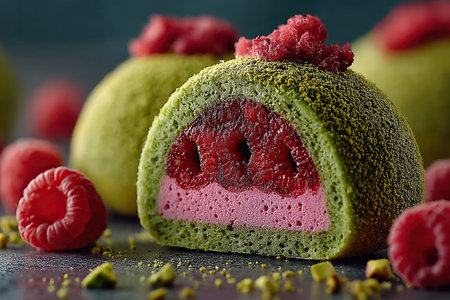 This multi-layered dessert is a delightful combination of raspberry and pistachio sponge cake and a mousse layer. Fresh raspberries serve as the filling.の素材