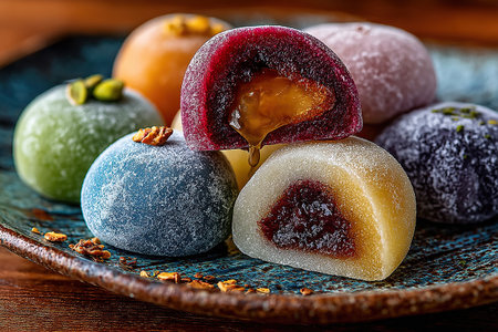 Mochi sweets with various fillings. Mochi with filling are placed on a plate. Cooking. Online ordering.の素材