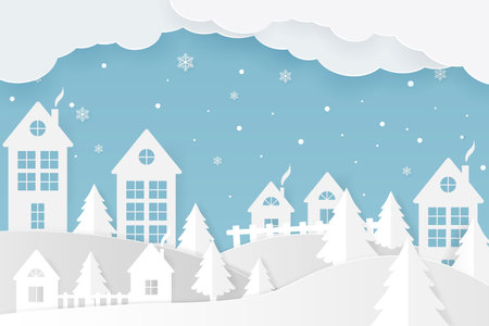 Winter Christmas background in cut-paper style. White houses and snowdrifts under a falling snowfall on a blue background. Vector.のイラスト素材