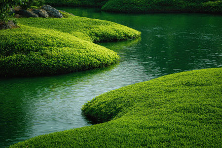 Green lawn near river in the forest. Peaceful scene of a stream along the hills.の素材