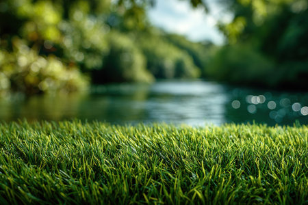 Close-up of lush green grass against a blurred background of the river. Environmental concept.の素材