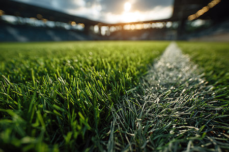Close-up of green grass with white penalty line at outdoor stadium. The concept of the football championship.の素材