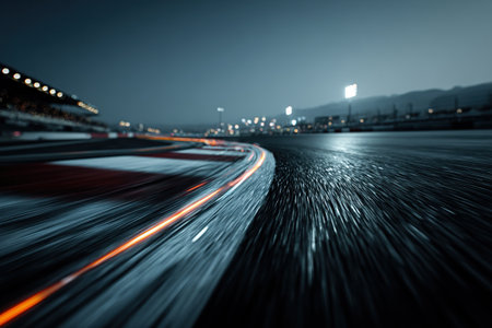 A night scene of a race track in motion. A close-up of the asphalt with a red and white demarcation line. Empty race track.の素材