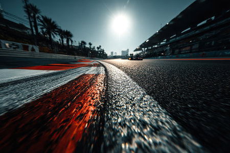 The price of an asphalt international race track with a red and white line. Concept of speed and motor racing. View from ground level.の素材