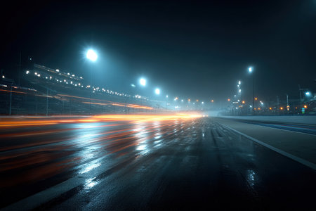 An empty race track illuminated by floodlights. A night scene of an empty race track. Wet asphalt.の素材