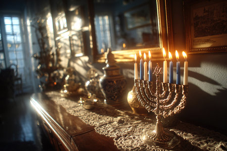 All eight candles burn in the menorah in a cozy vintage setting. Hanukkah. Jewish traditions.の素材