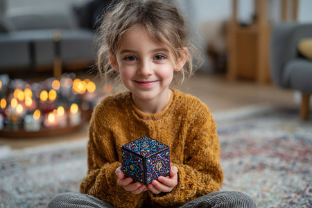 A little Jewish girl holds a dreidel in her hands while sitting on a carpet in the living room. The candles in the background create a festive atmosphere.の素材