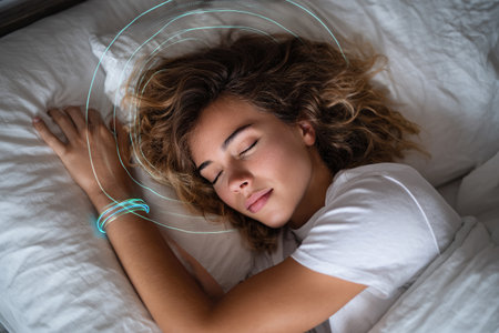 A young woman sleeps peacefully in her bed. Neon holographic lines envelop her wrist and head. Human biometrics during sleep.の素材