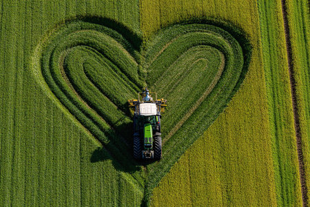 Heart-shaped pattern in a green field with a tractor. View from above.の素材
