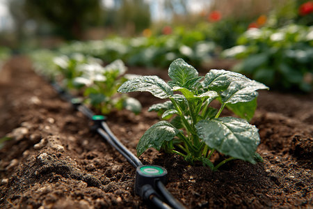 Agricultural technology. Automatic plant irrigation system. Close-up of a young potato sprout in the ground. Copy space.の素材