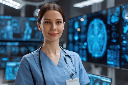 A female medic in a blue uniform smiles in a medical science laboratory. Technology, healthcareの素材