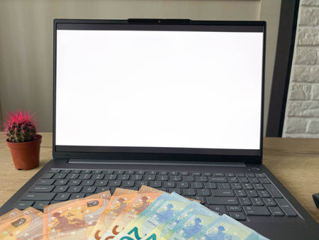 Pay-per-click, online earnings. A close-up of a laptop with a white monitor and euro bills on the keyboard. Creative photoの写真素材