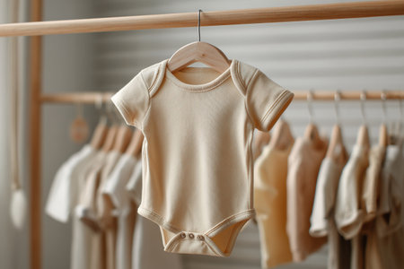 A neutral beige newborn bodysuit with space for writing hangs on a wooden hanger in a store. Space for text or a logo on the garment.の素材