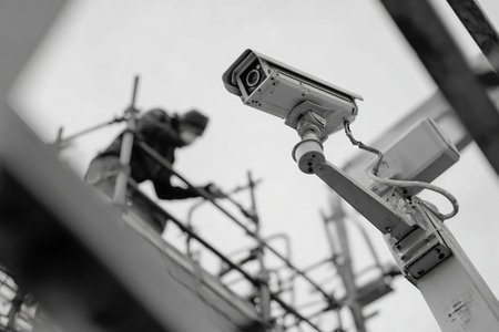 Black and white image of a surveillance camera with a criminal in the background. Recording from a CCTV camera.の素材