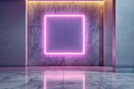 Bright neon frame on an empty marble wall. Space for text and advertising.の素材