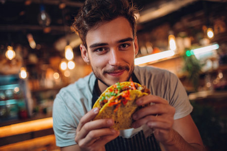 A young chef prepared a Mexican taco.の素材