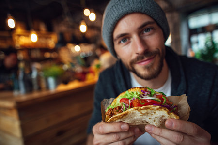 A young guy eats a delicious taco in a Mexican cafe. Close-up of the taco.の素材