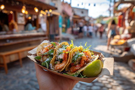 Delicious shrimp tacos overlooking a sunny, bustling street. Mexican appetizer.の素材