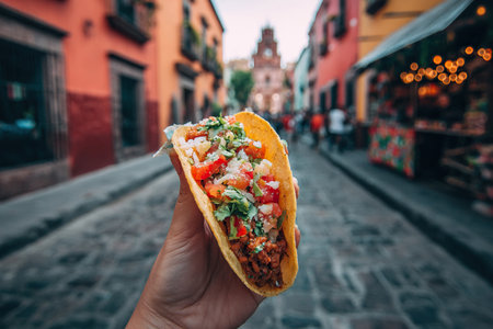A girl takes a picture of her taco against the backdrop of a colorful city street. Street food. Travel.の素材