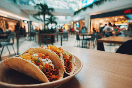 A close-up of a delicious taco on a cafe table. Lunch at a taco place.の素材