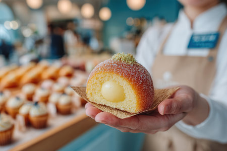 A mini bakery specializing in biscuits and pies. A close-up of a filled biscuit in the pastry chef's hand.の素材