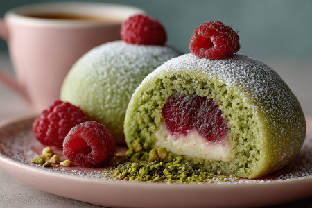 A sophisticated dessert of pistachio sponge cake in a dome shape with raspberry coulis, served on a light plate. Fresh raspberries serve as the filling.の素材