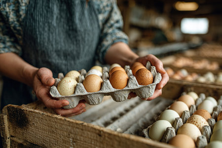 A worker places fresh chicken eggs in a cardboard tray at a poultry farm. Poultry farm.の素材