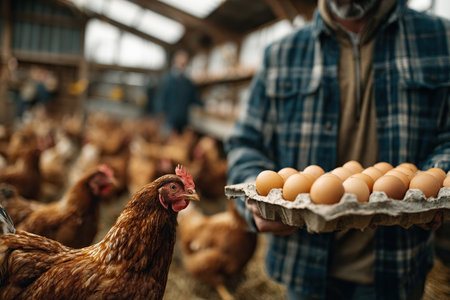 A worker at a poultry farm that breeds laying hens stands in a chicken coop holding a cardboard tray with fresh organic chicken eggs in his hands. Poultry farm.の素材