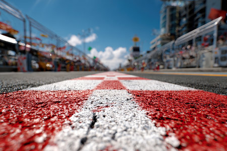 Close-up of markings on a race track. Daytime scene of an asphalt international race track with start or finish line and grandstands.の素材