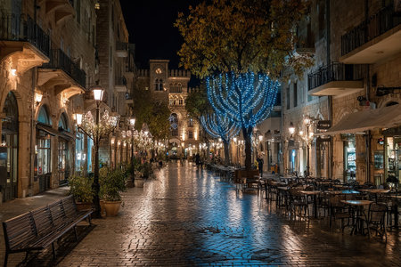 A cozy street cafe with empty tables and glowing lights on a rainy autumn evening. A romantic atmosphere against the backdrop of the old town.の素材