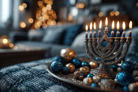 Menorah with lit candles and Christmas decorations on a festive metal tray. Hanukkah background.の素材