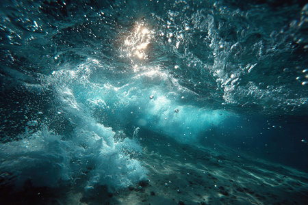 Underwater photo of a wave near the shore. Clear seawater laps against the shore. Ocean backgroundの素材