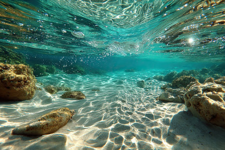The sandy bottom with stone caves is visible through the clear seawater. Underwater photo. A symbol of nature's purity.の素材