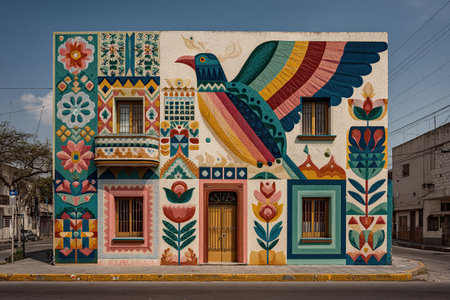 A brightly painted two-story residential building in Latin America. The house's facade is brightly painted with Mexican-style flowers and birds.の素材