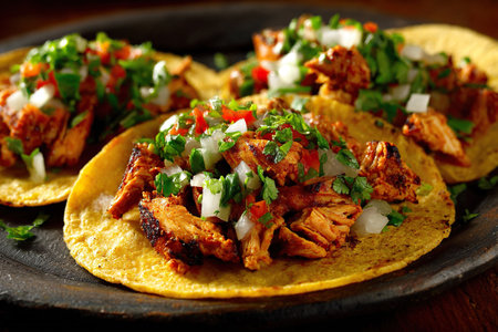 Corn tortilla filled with chicken, tomatoes, herbs and onions on a wooden table. Close-up of a Mexican tacoの素材