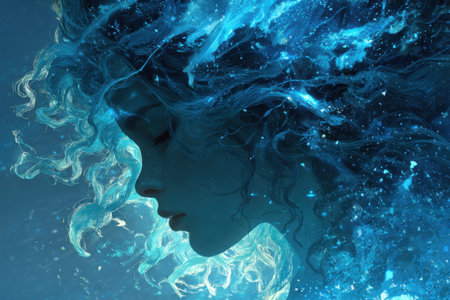 Drawing of a celestial woman. Image of a girl in space with the universe in her hair.の素材