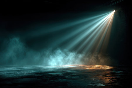 A dark concrete room is pierced by white beams of light from a spotlight. Smoke, interspersed with penetrating rays of light, spreads across the floor.の素材