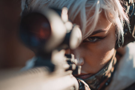 A close-up of a woman aiming a sniper rifle with concentration. A blonde woman aims a rifle.の素材