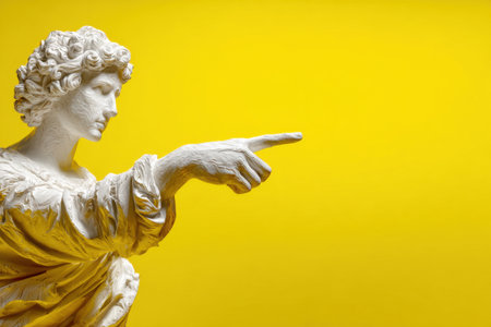 A plaster statue of a Greek goddess points her finger at something. The statue of a woman stands against a yellow background with copy space.の素材