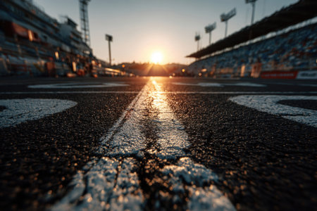 Close-up of the starting line on a race track at sunset. Motion blurred racetrackの素材