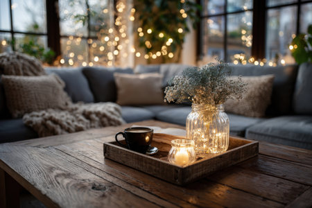 Cozy living room interior with a wooden table, flowers and a garland of lights. Close-up of a wooden table.の素材