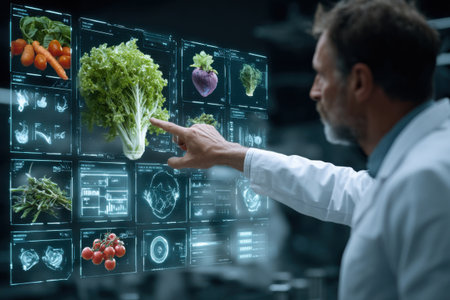 An agronomist studies a virtual screen with vegetables in a laboratory. Smart farming.の素材