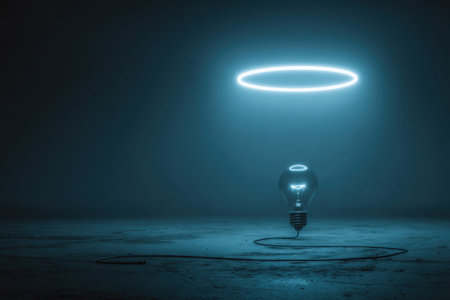 Futuristic blue neon glow above the light bulb, symbolizing technology and innovation.の素材