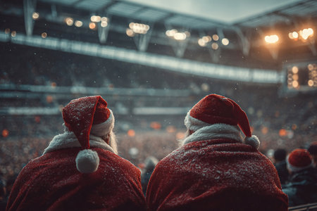 Two Santa Clauses are watching a football match at the stadium. Rear view of two fans dressed as Santa Claus during a football match.の素材