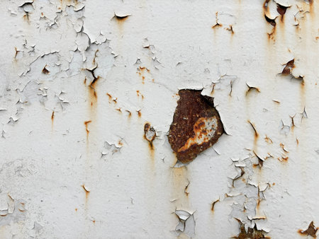 Red spots of peeling white paint on rusty metal. Traces of age on metal. Abstract backgroundの写真素材