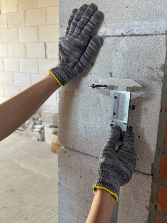 A construction worker uses a caliper to measure the diameter of a screw. Construction site. Renovation, new building.の写真素材